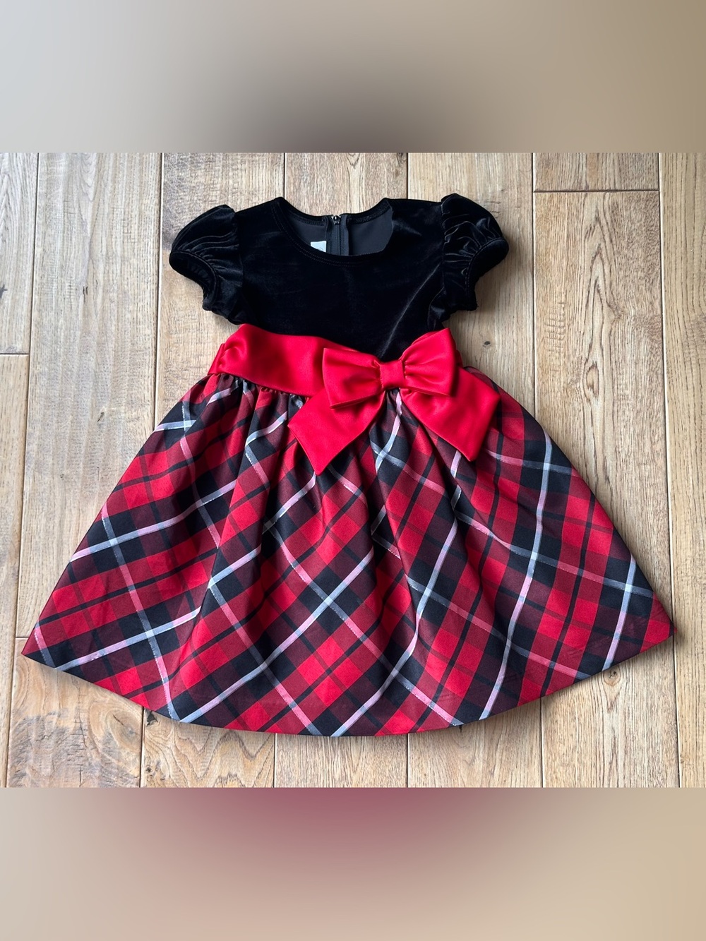 Bonnie Jean Holiday Party Dress Black Velvet with Red Plaid size 3T